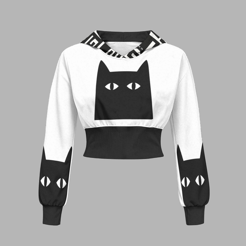Geometric Black Cat Maze Graphic Slim-Fit Sweatshirt Set