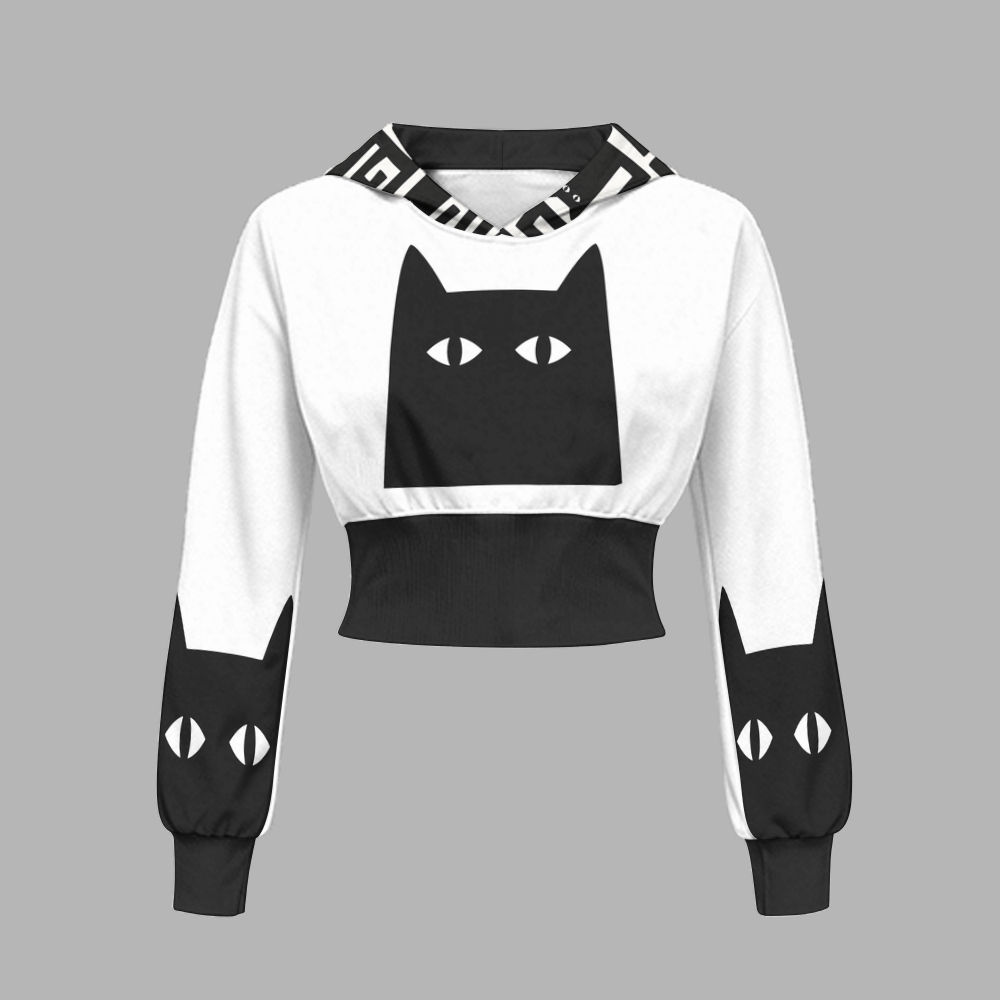 Geometric Black Cat Maze Graphic Slim-Fit Sweatshirt Set