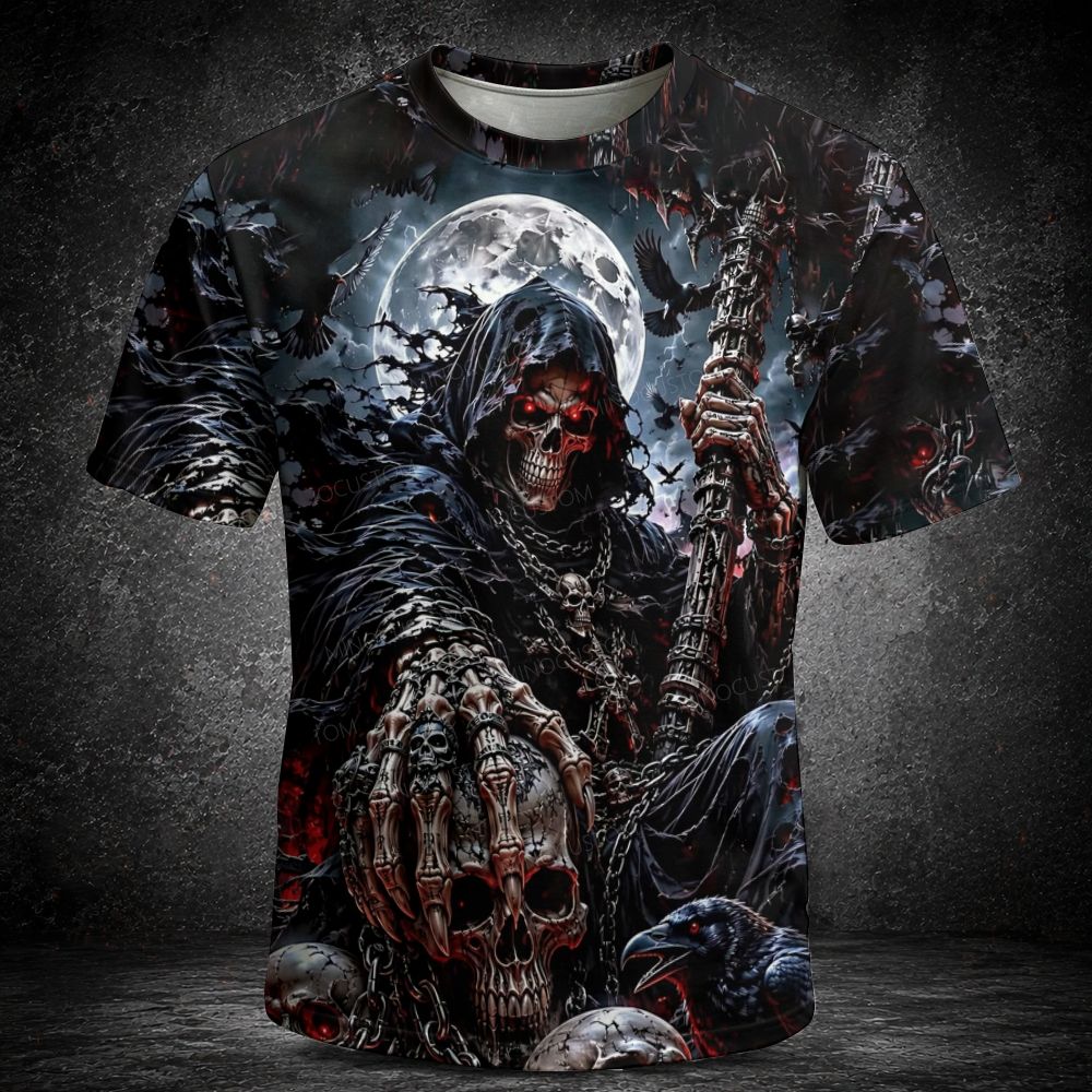 Men's  Vintage Full Moon Gothic Skull Horror Art Short Sleeve T-shirt