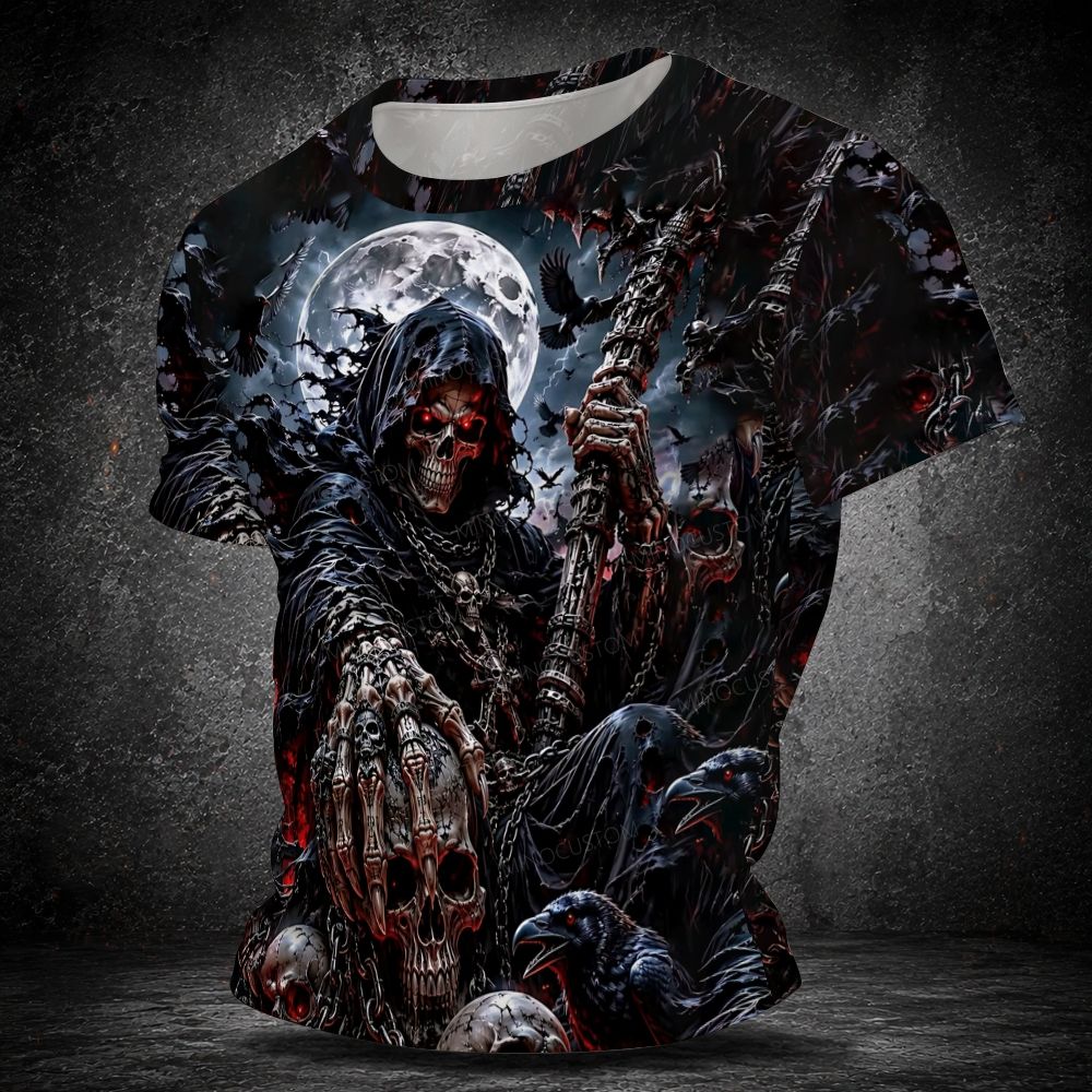 Men's  Vintage Full Moon Gothic Skull Horror Art Short Sleeve T-shirt