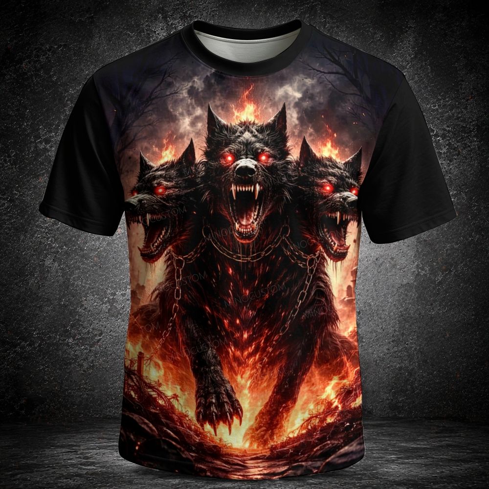 Men's  Vintage Greek Mythology Three Headed Fire Hellhound Graphic Short Sleeve T-shirt