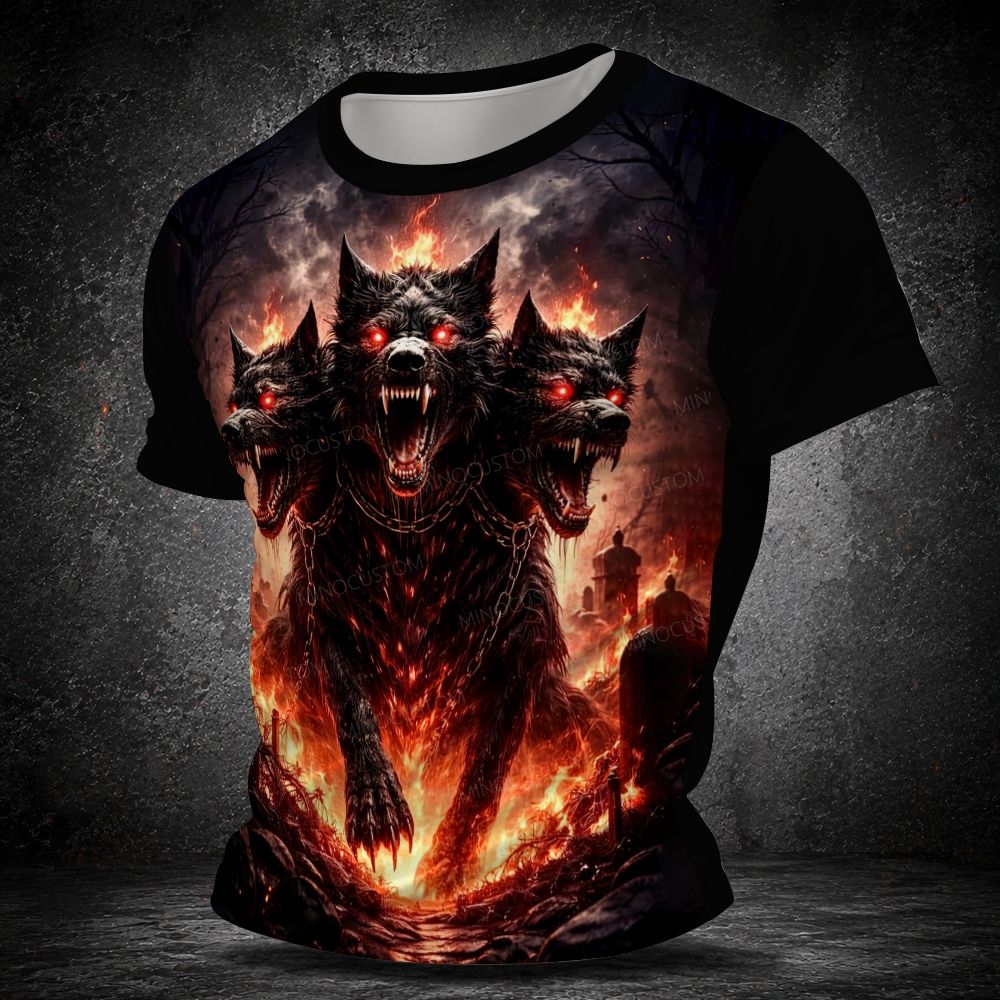 Men's  Vintage Greek Mythology Three Headed Fire Hellhound Graphic Short Sleeve T-shirt