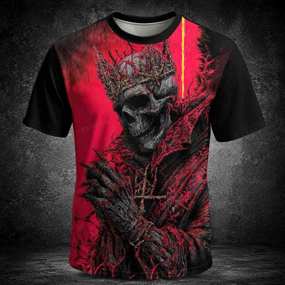 Men's  Vintage Dark Horror Crown Skeleton Art Short Sleeve T-shirt