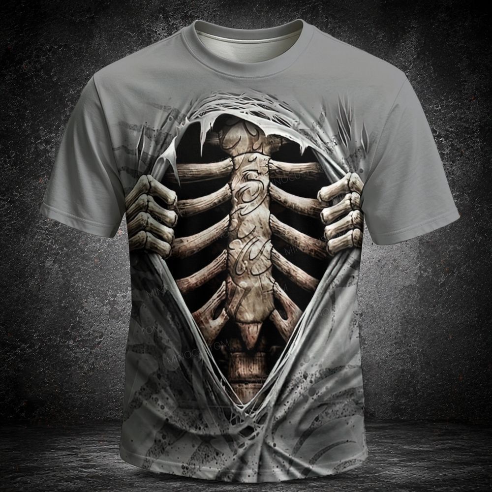 Men's Vintage 3D Rip Fabric Skeleton Ribcage Graphic Short Sleeve T-shirt