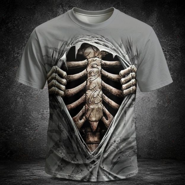 Men's  Vintage 3D Rip Fabric Skeleton Ribcage Graphic Short Sleeve T-shirt