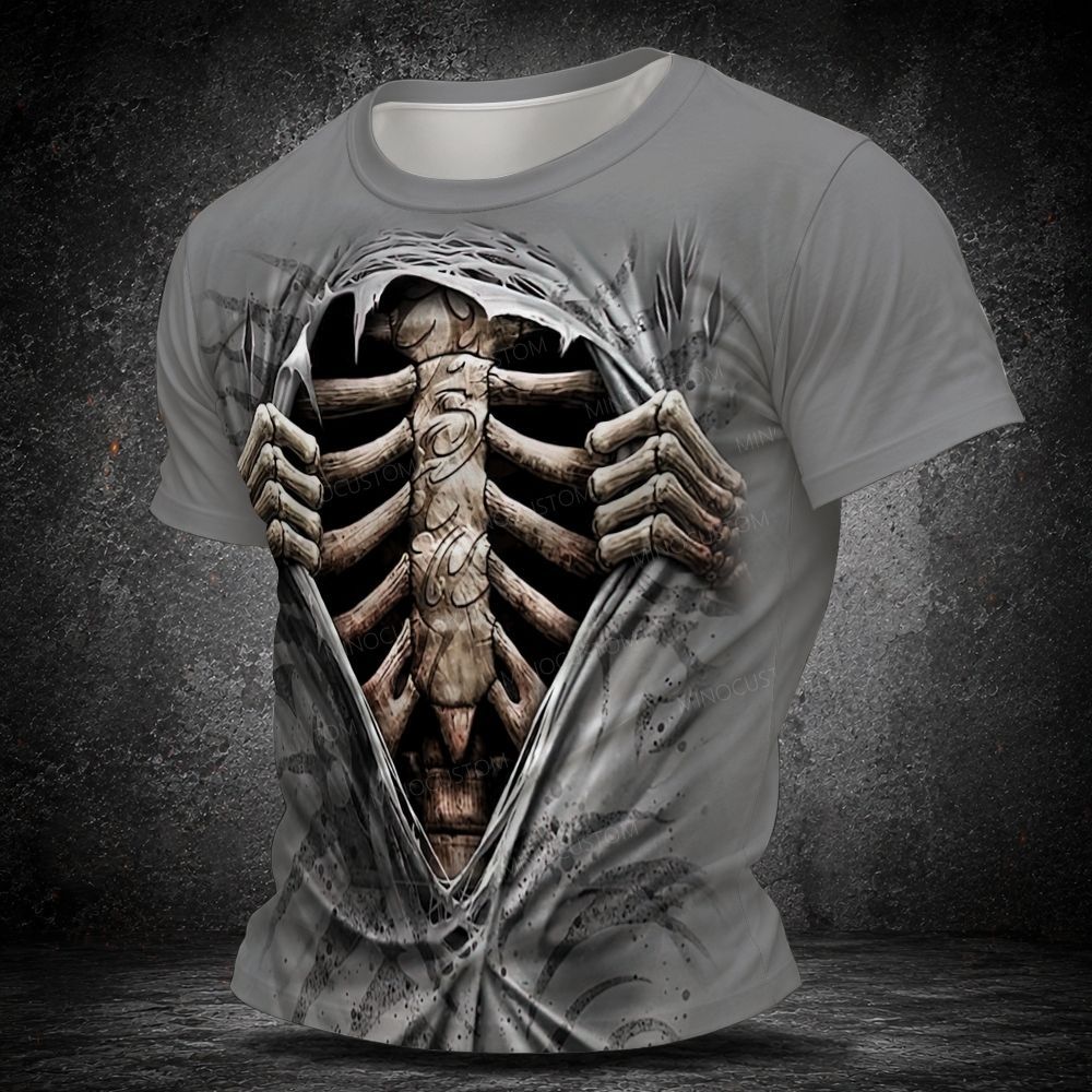 Men's  Vintage 3D Rip Fabric Skeleton Ribcage Graphic Short Sleeve T-shirt