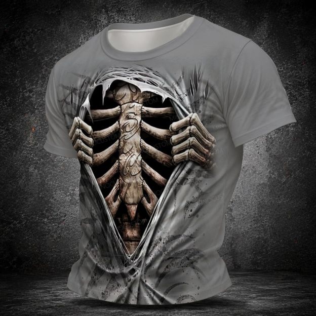 Men's  Vintage 3D Rip Fabric Skeleton Ribcage Graphic Short Sleeve T-shirt