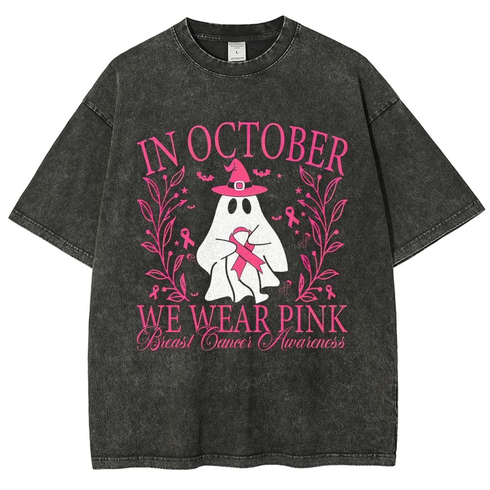 In October We Wear Pink Ghost Witch Hat Breast Cancer Awareness Graphic Unisex Fit Washed T-Shirt