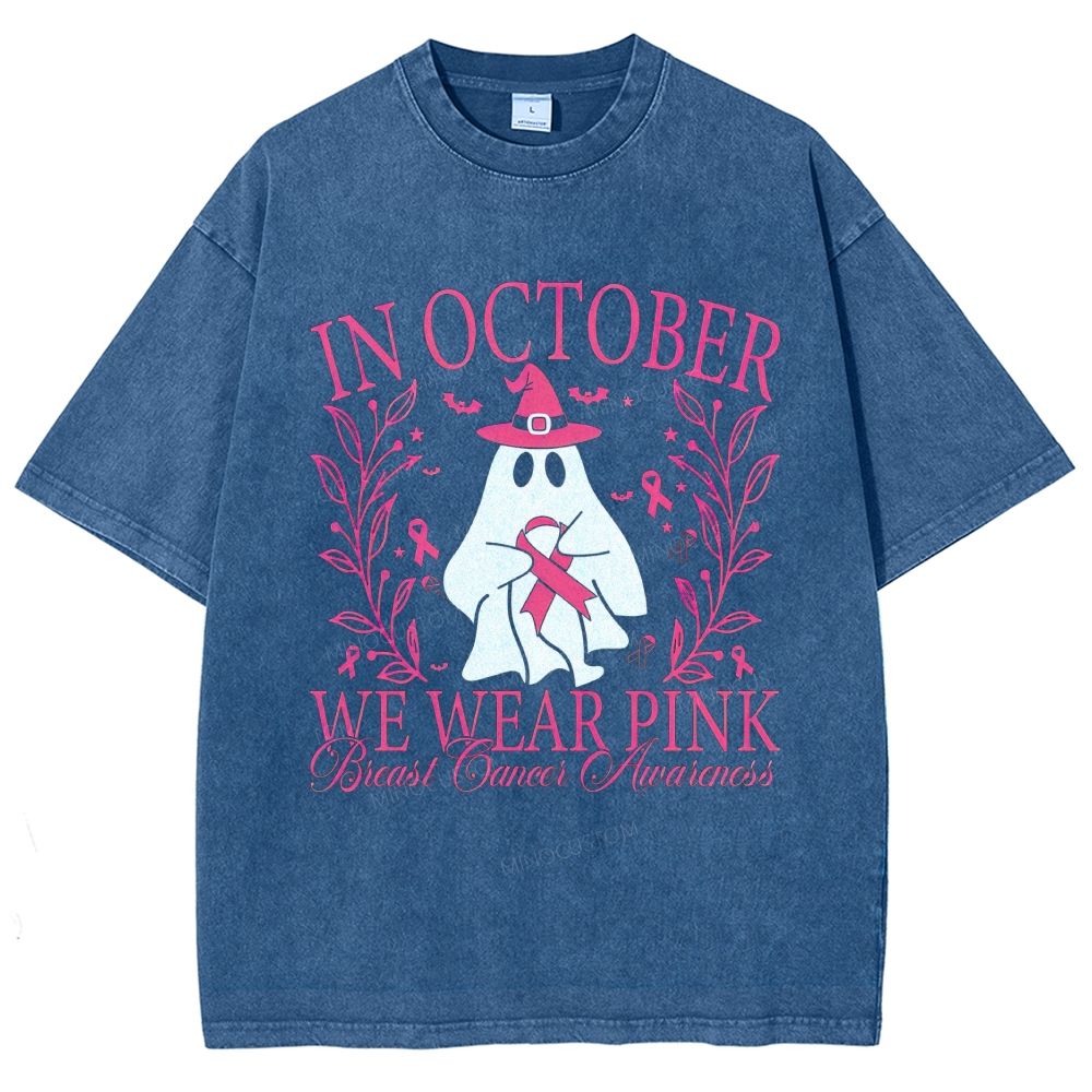 In October We Wear Pink Ghost Witch Hat Breast Cancer Awareness Graphic Unisex Fit Washed T-Shirt