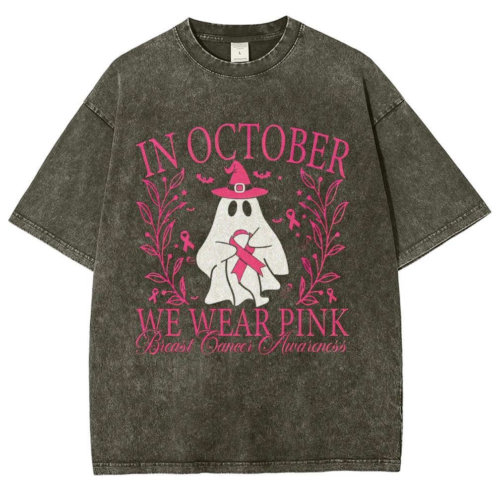 In October We Wear Pink Ghost Witch Hat Breast Cancer Awareness Graphic Unisex Fit Washed T-Shirt