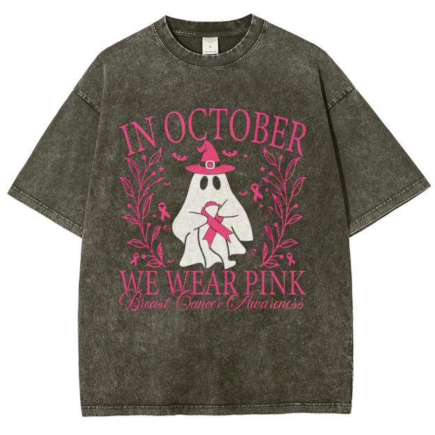 In October We Wear Pink Ghost Witch Hat Breast Cancer Awareness Graphic Unisex Fit Washed T-Shirt