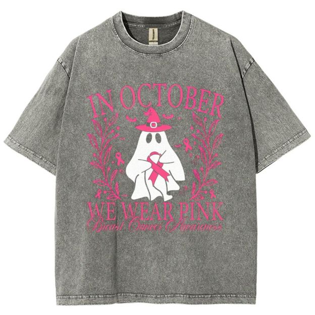 In October We Wear Pink Ghost Witch Hat Breast Cancer Awareness Graphic Unisex Fit Washed T-Shirt