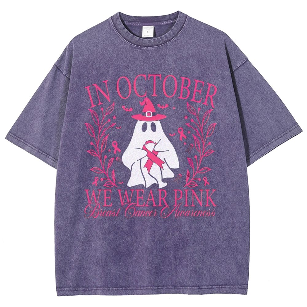 In October We Wear Pink Ghost Witch Hat Breast Cancer Awareness Graphic Unisex Fit Washed T-Shirt