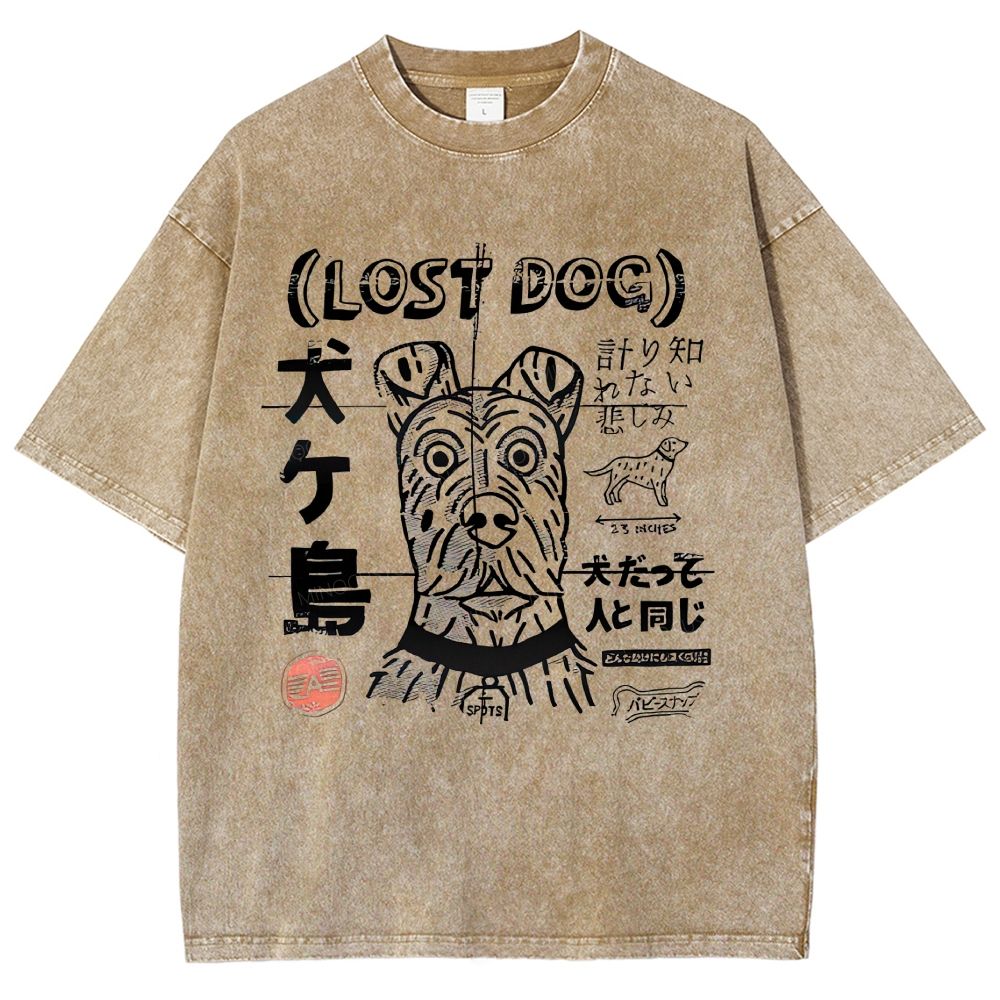 Vintage Japanese Lost Dog Woodblock Graphic Unisex Fit Washed T-Shirt