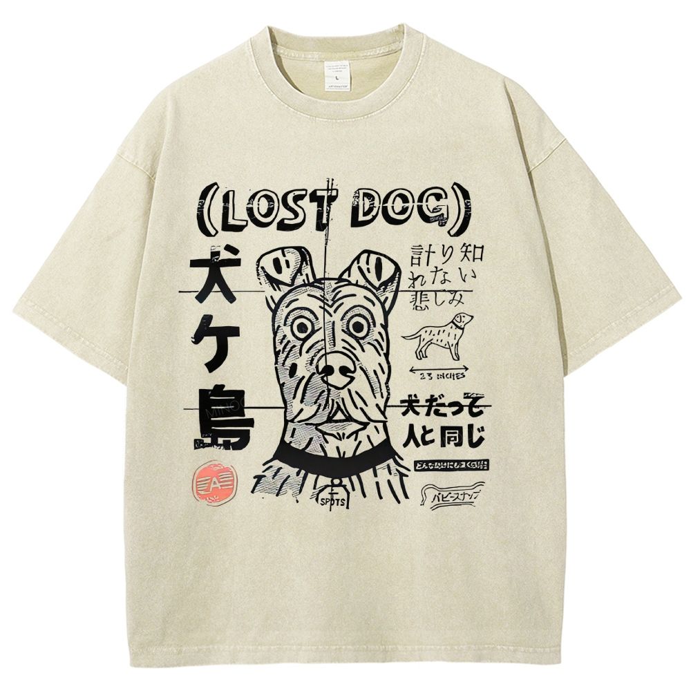 Vintage Japanese Lost Dog Woodblock Graphic Unisex Fit Washed T-Shirt