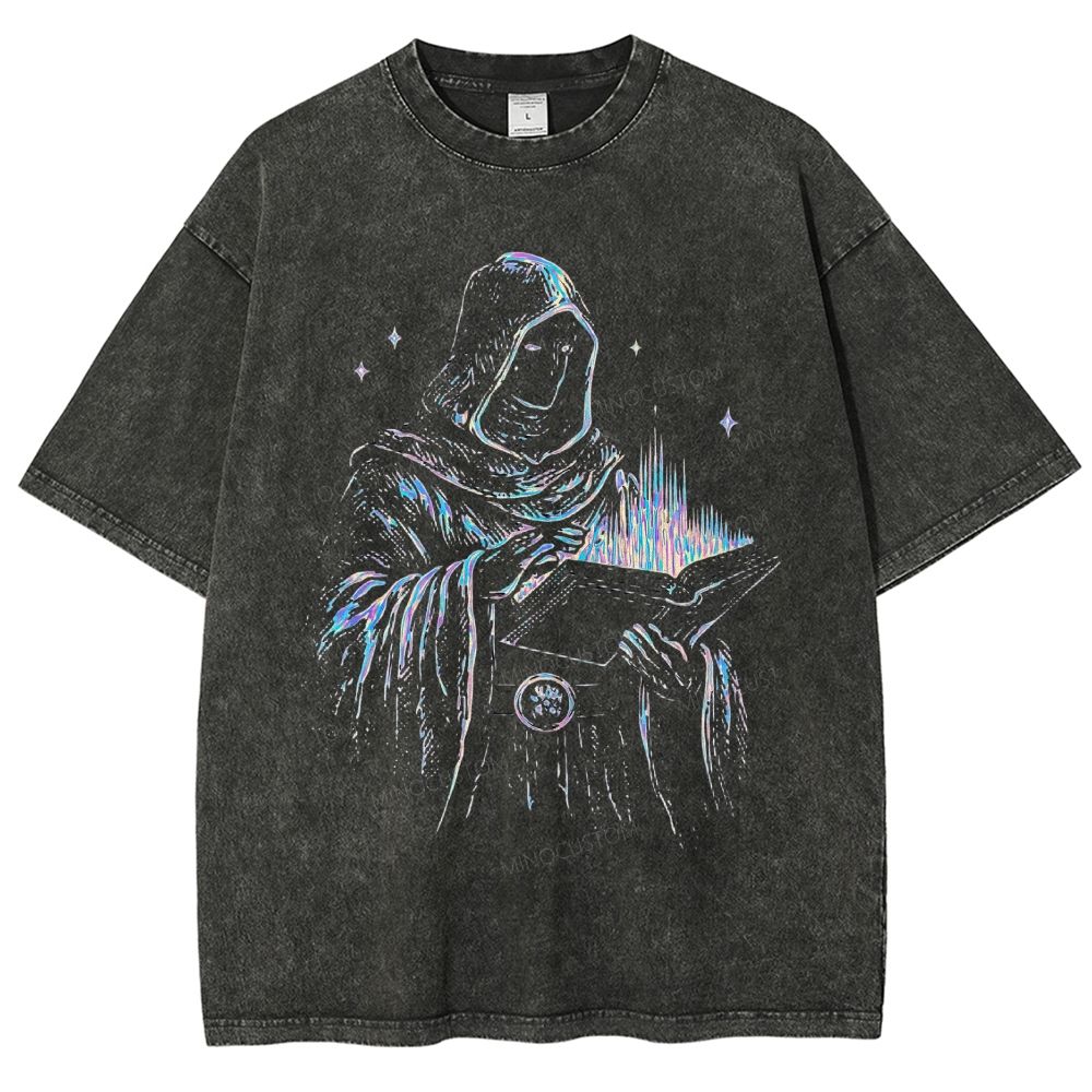 Dark Fantasy Wizard Reading Spellbook Holographic Line Art Graphic Unisex Fit Washed T-Shirt
