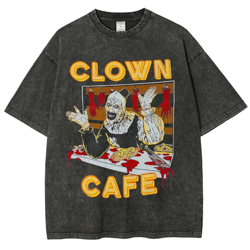 Spooky Horror Clown Cafe Retro Graphic Unisex Fit Washed T-Shirt