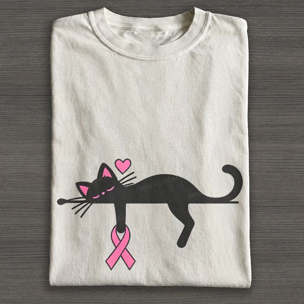 Cute Black Cat Pink Awareness Ribbon Breast Cancer Support Graphic Cotton T-shirt