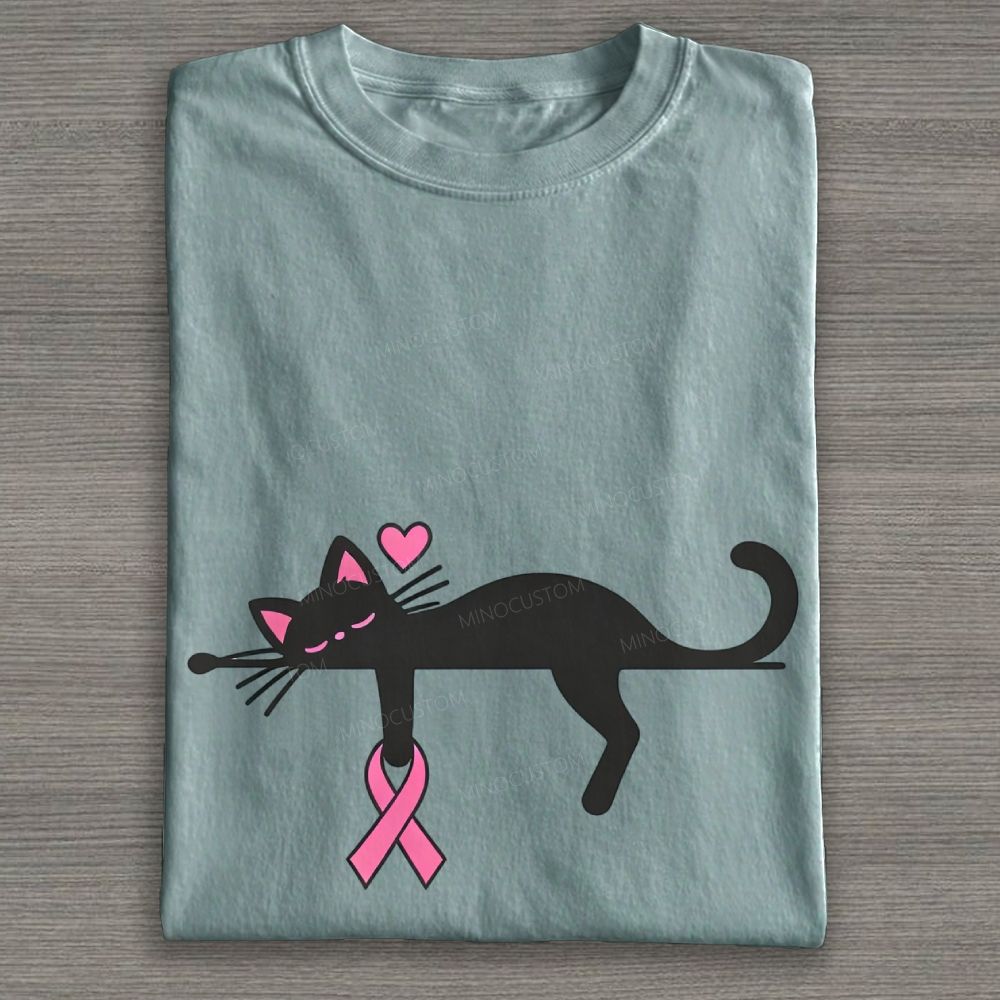 Cute Black Cat Pink Awareness Ribbon Breast Cancer Support Graphic Cotton T-shirt