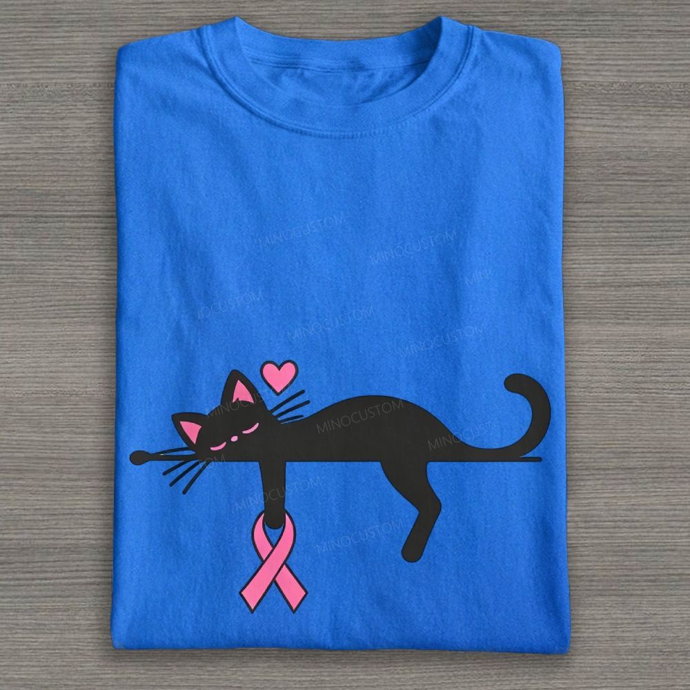 Cute Black Cat Pink Awareness Ribbon Breast Cancer Support Graphic Cotton T-shirt