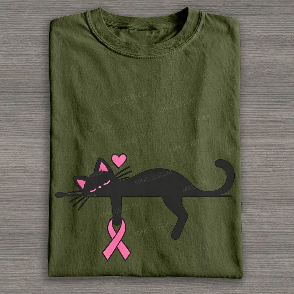 Cute Black Cat Pink Awareness Ribbon Breast Cancer Support Graphic Cotton T-shirt