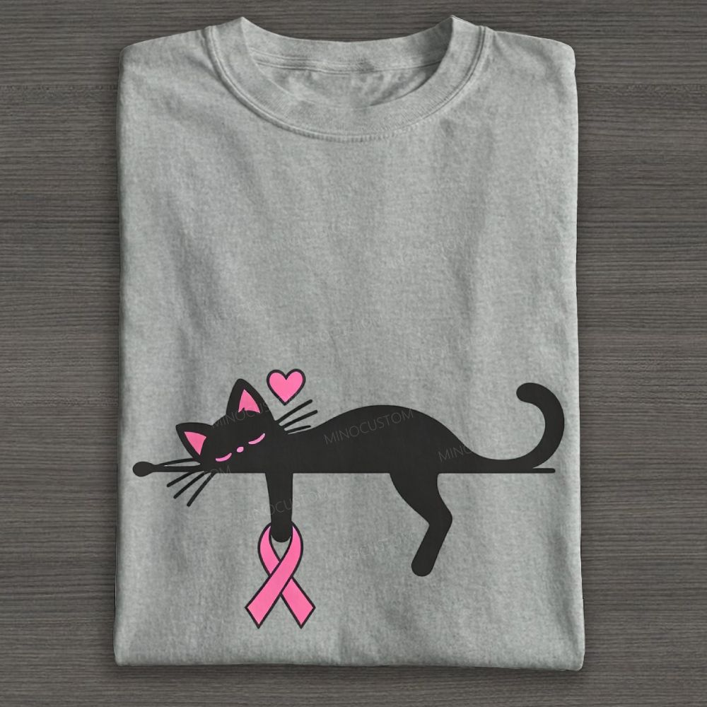 Cute Black Cat Pink Awareness Ribbon Breast Cancer Support Graphic Cotton T-shirt