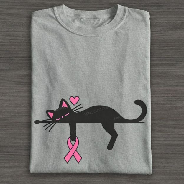 Cute Black Cat Pink Awareness Ribbon Breast Cancer Support Graphic Cotton T-shirt