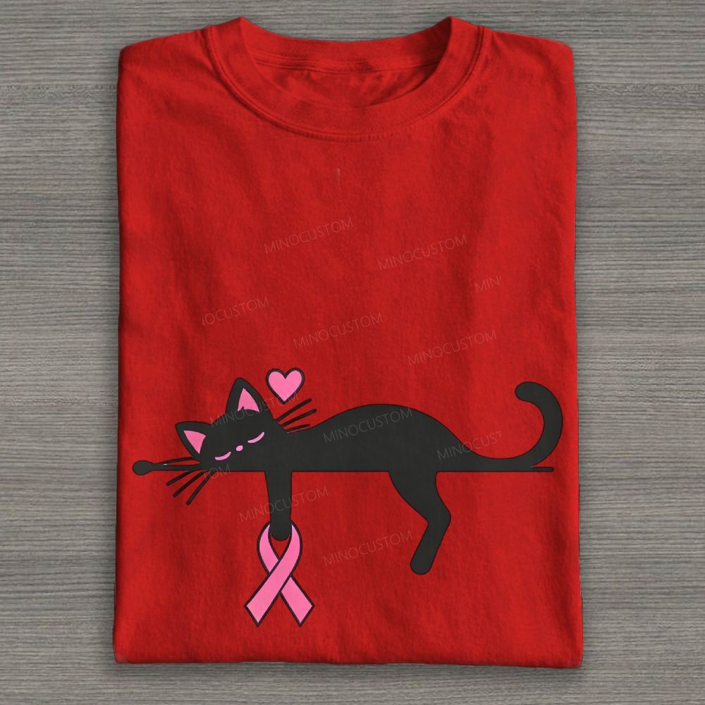 Cute Black Cat Pink Awareness Ribbon Breast Cancer Support Graphic Cotton T-shirt