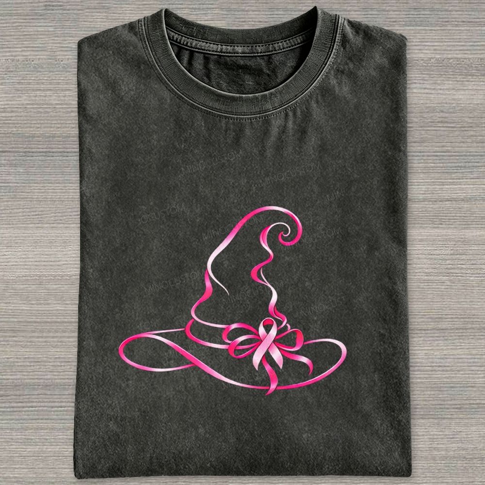 Pink Ribbon Witch Hat Breast Cancer Awareness Halloween Graphic Washed T-shirt