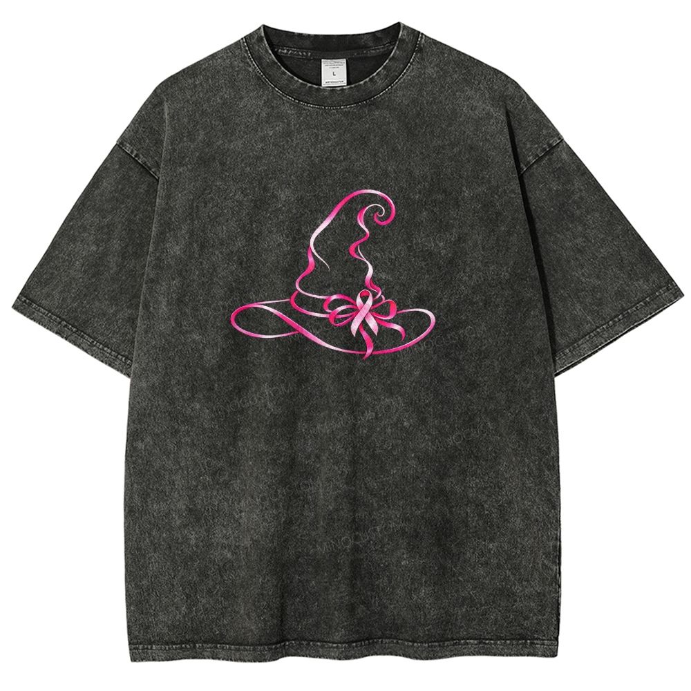 Pink Ribbon Witch Hat Breast Cancer Awareness Halloween Graphic Washed T-shirt