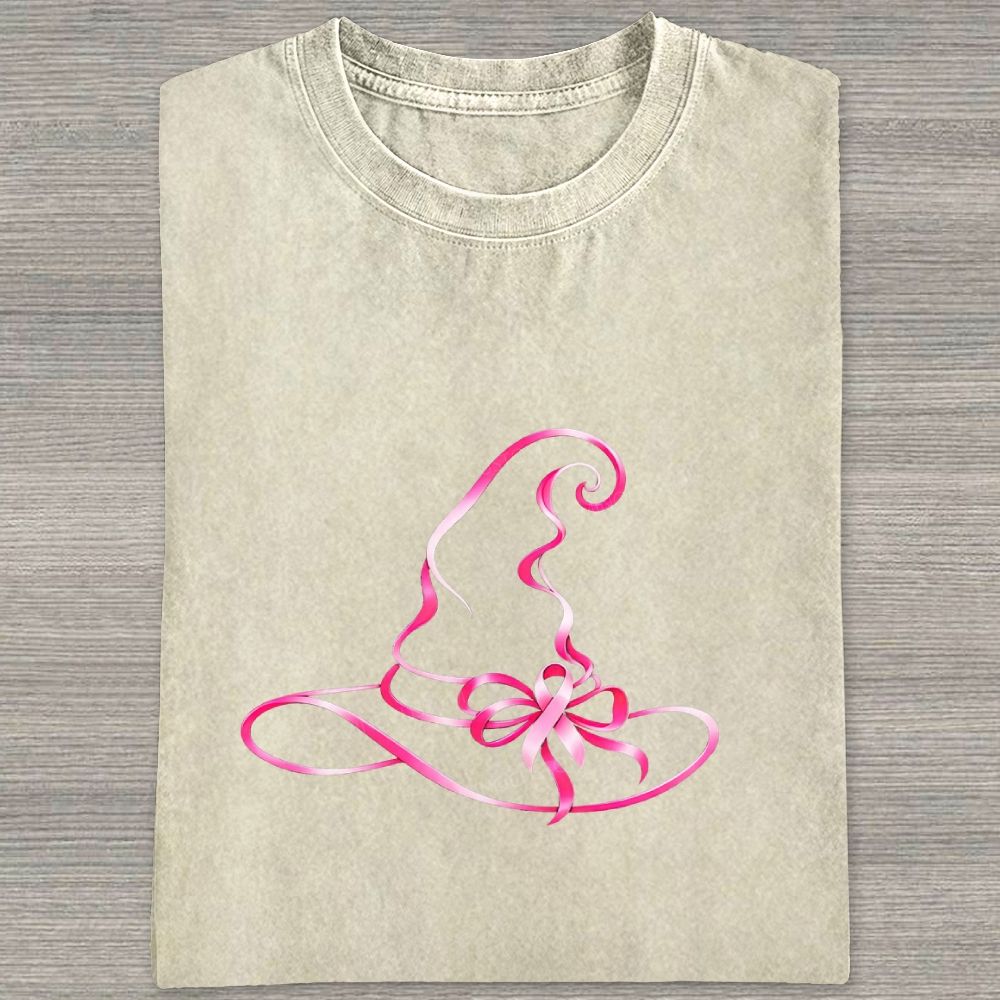 Pink Ribbon Witch Hat Breast Cancer Awareness Halloween Graphic Washed T-shirt