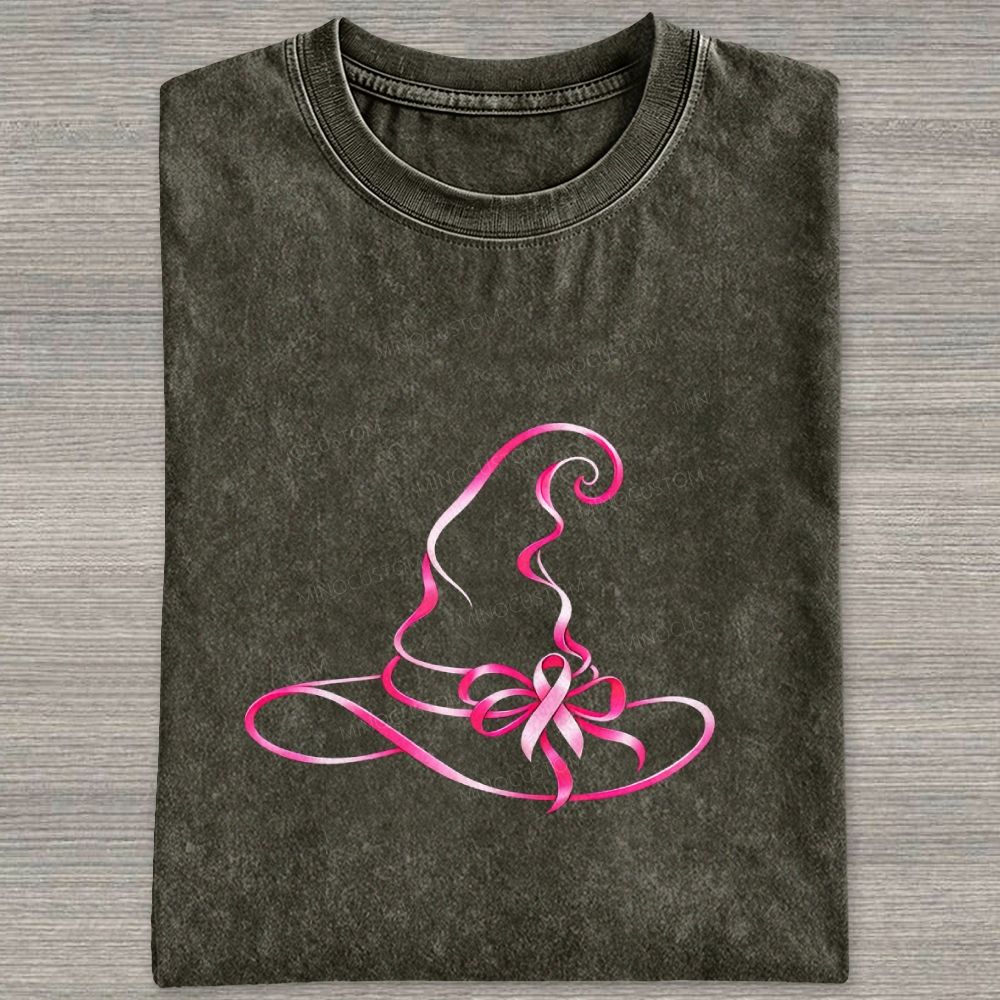 Pink Ribbon Witch Hat Breast Cancer Awareness Halloween Graphic Washed T-shirt