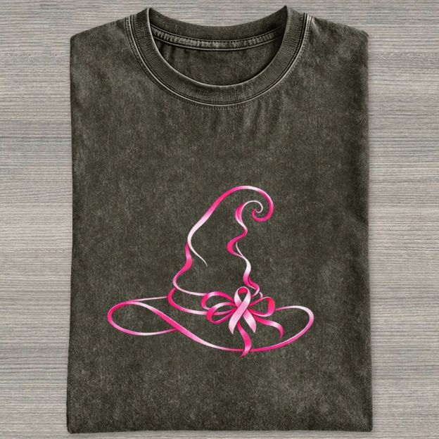 Pink Ribbon Witch Hat Breast Cancer Awareness Halloween Graphic Washed T-shirt