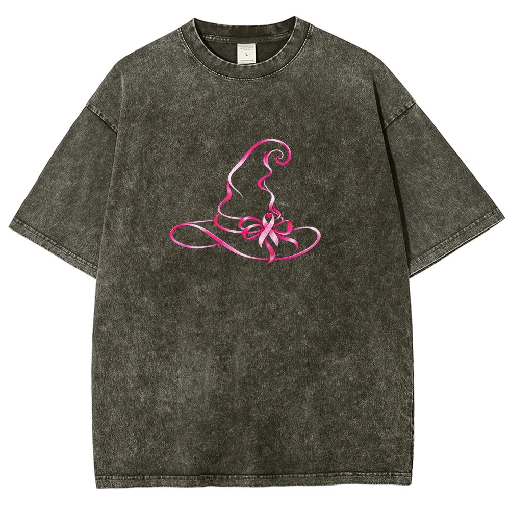 Pink Ribbon Witch Hat Breast Cancer Awareness Halloween Graphic Washed T-shirt