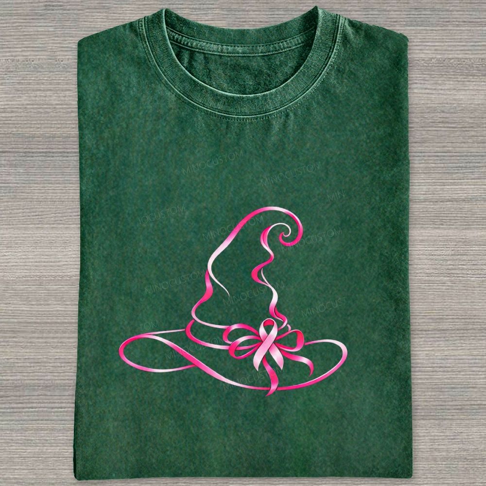 Pink Ribbon Witch Hat Breast Cancer Awareness Halloween Graphic Washed T-shirt