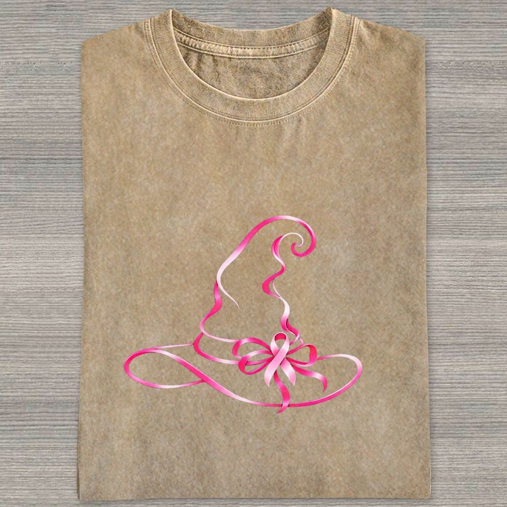 Pink Ribbon Witch Hat Breast Cancer Awareness Halloween Graphic Washed T-shirt