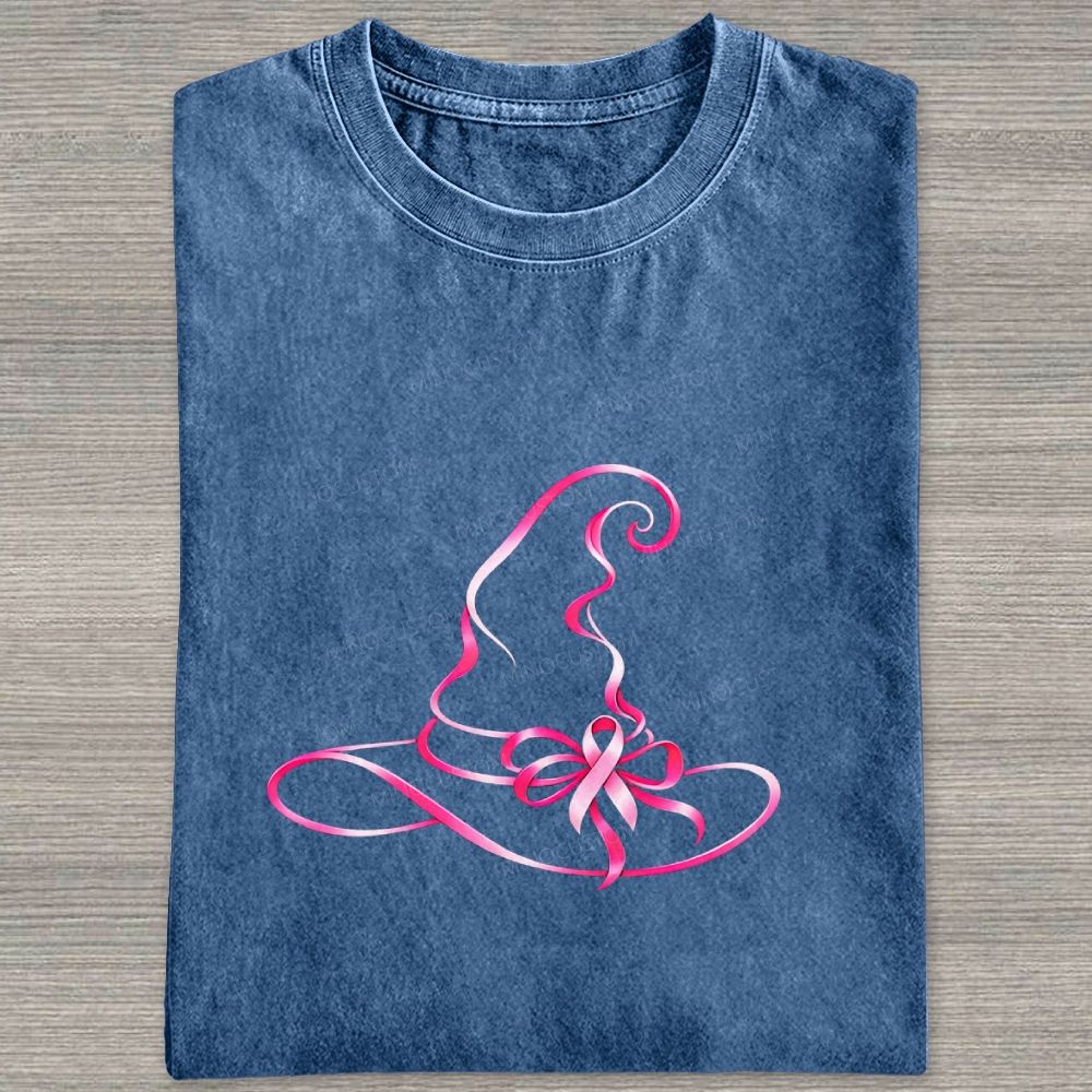 Pink Ribbon Witch Hat Breast Cancer Awareness Halloween Graphic Washed T-shirt