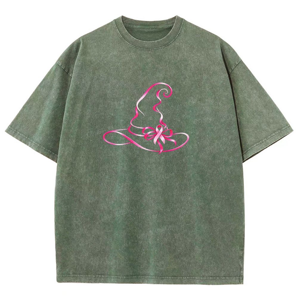 Pink Ribbon Witch Hat Breast Cancer Awareness Halloween Graphic Washed T-shirt