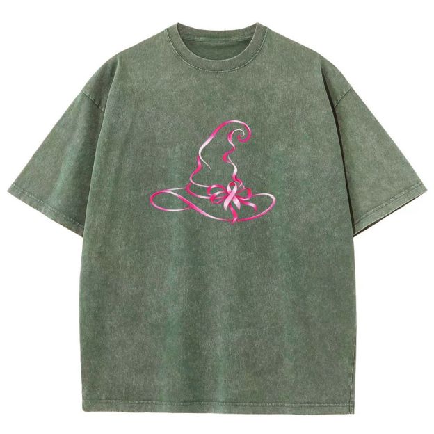 Pink Ribbon Witch Hat Breast Cancer Awareness Halloween Graphic Washed T-shirt