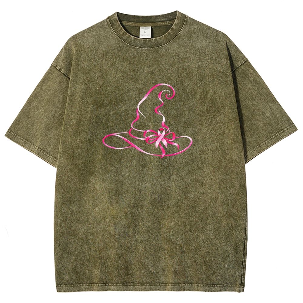 Pink Ribbon Witch Hat Breast Cancer Awareness Halloween Graphic Washed T-shirt