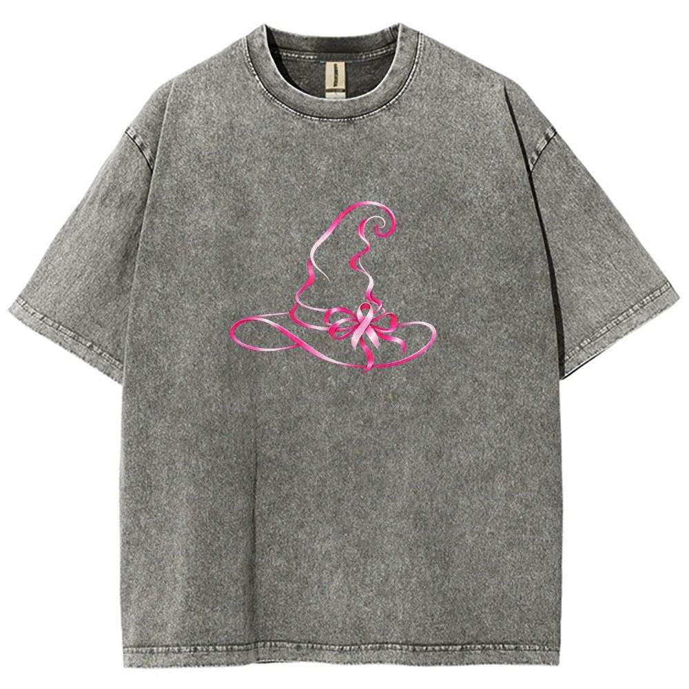Pink Ribbon Witch Hat Breast Cancer Awareness Halloween Graphic Washed T-shirt