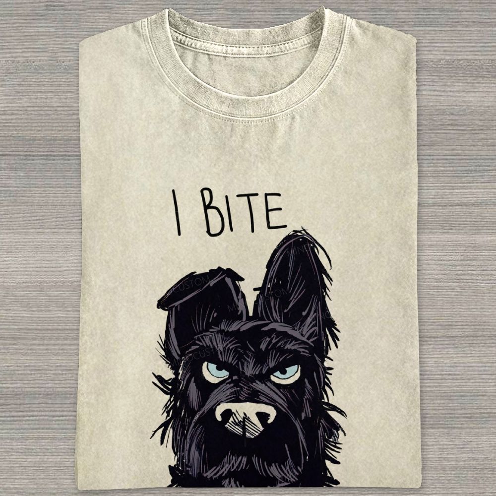 I BITE Grumpy Black Terrier Dog Hand Drawn Graphic Washed T-shirt