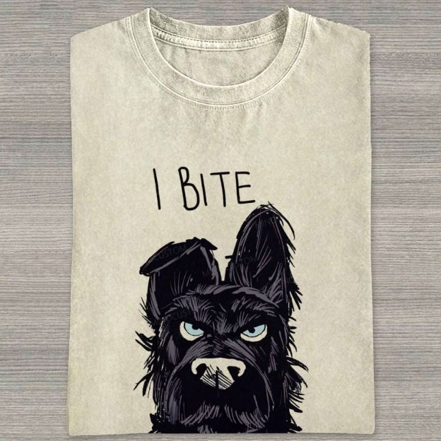 I BITE Grumpy Black Terrier Dog Hand Drawn Graphic Washed T-shirt