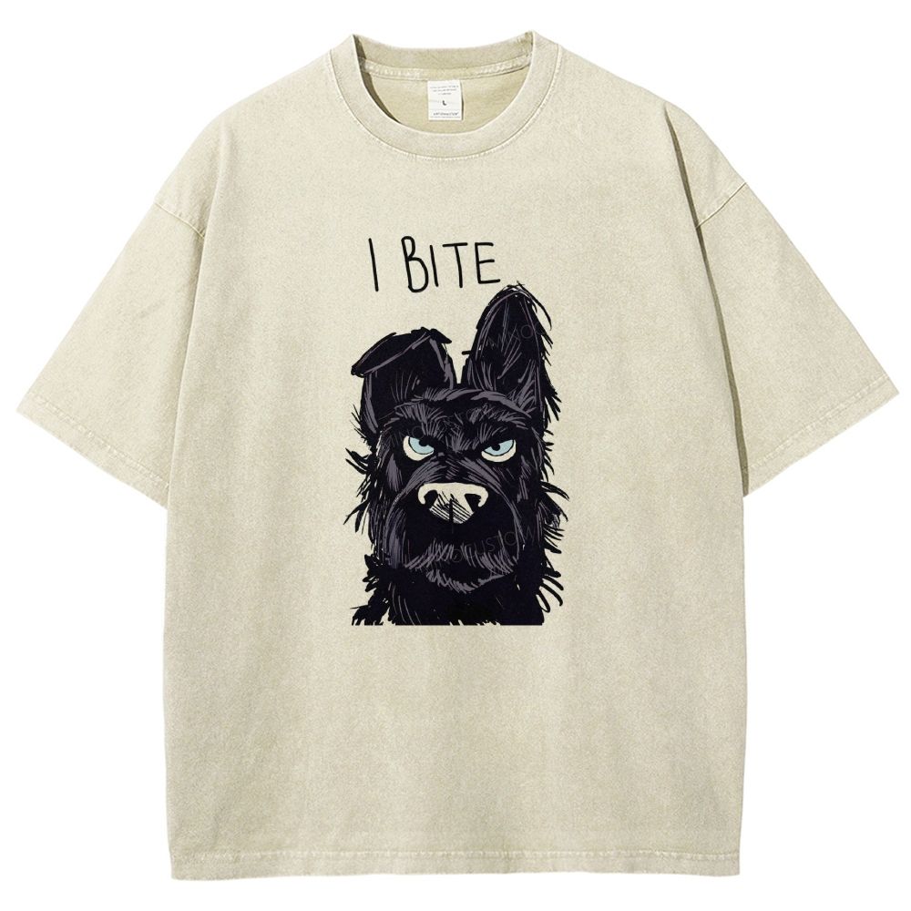 I BITE Grumpy Black Terrier Dog Hand Drawn Graphic Washed T-shirt
