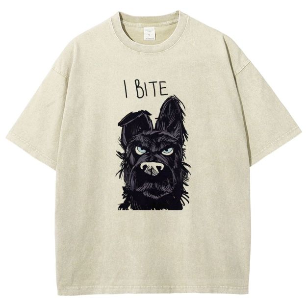 I BITE Grumpy Black Terrier Dog Hand Drawn Graphic Washed T-shirt