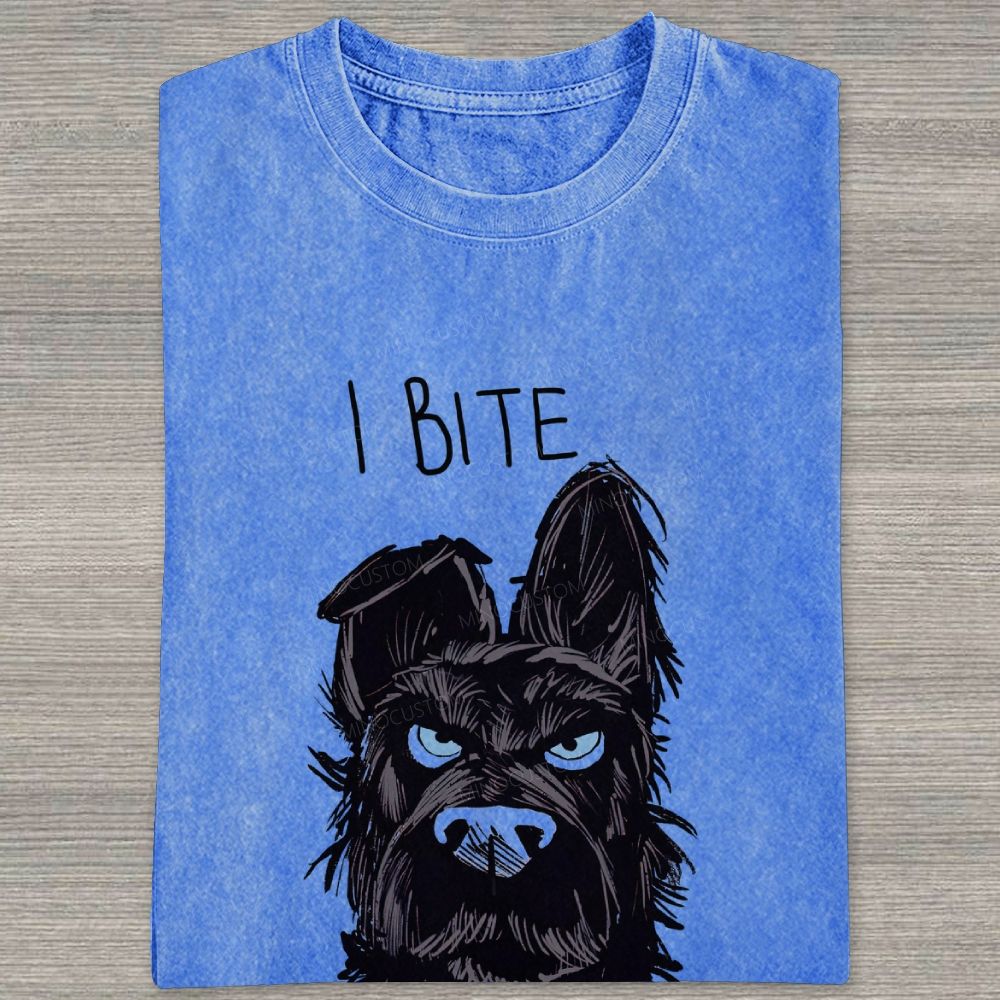 I BITE Grumpy Black Terrier Dog Hand Drawn Graphic Washed T-shirt