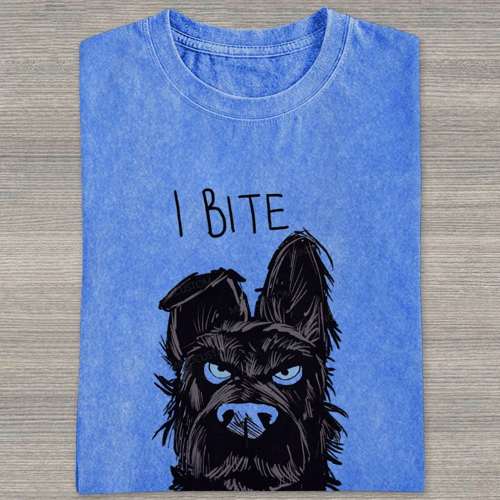 I BITE Grumpy Black Terrier Dog Hand Drawn Graphic Washed T-shirt
