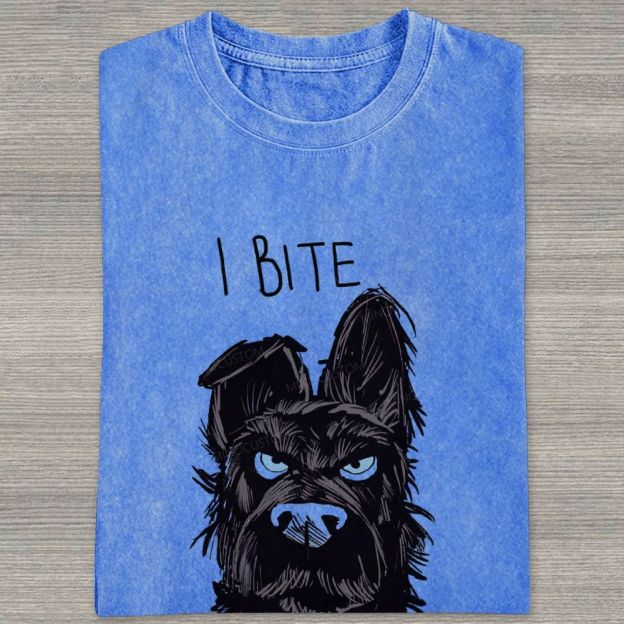 I BITE Grumpy Black Terrier Dog Hand Drawn Graphic Washed T-shirt