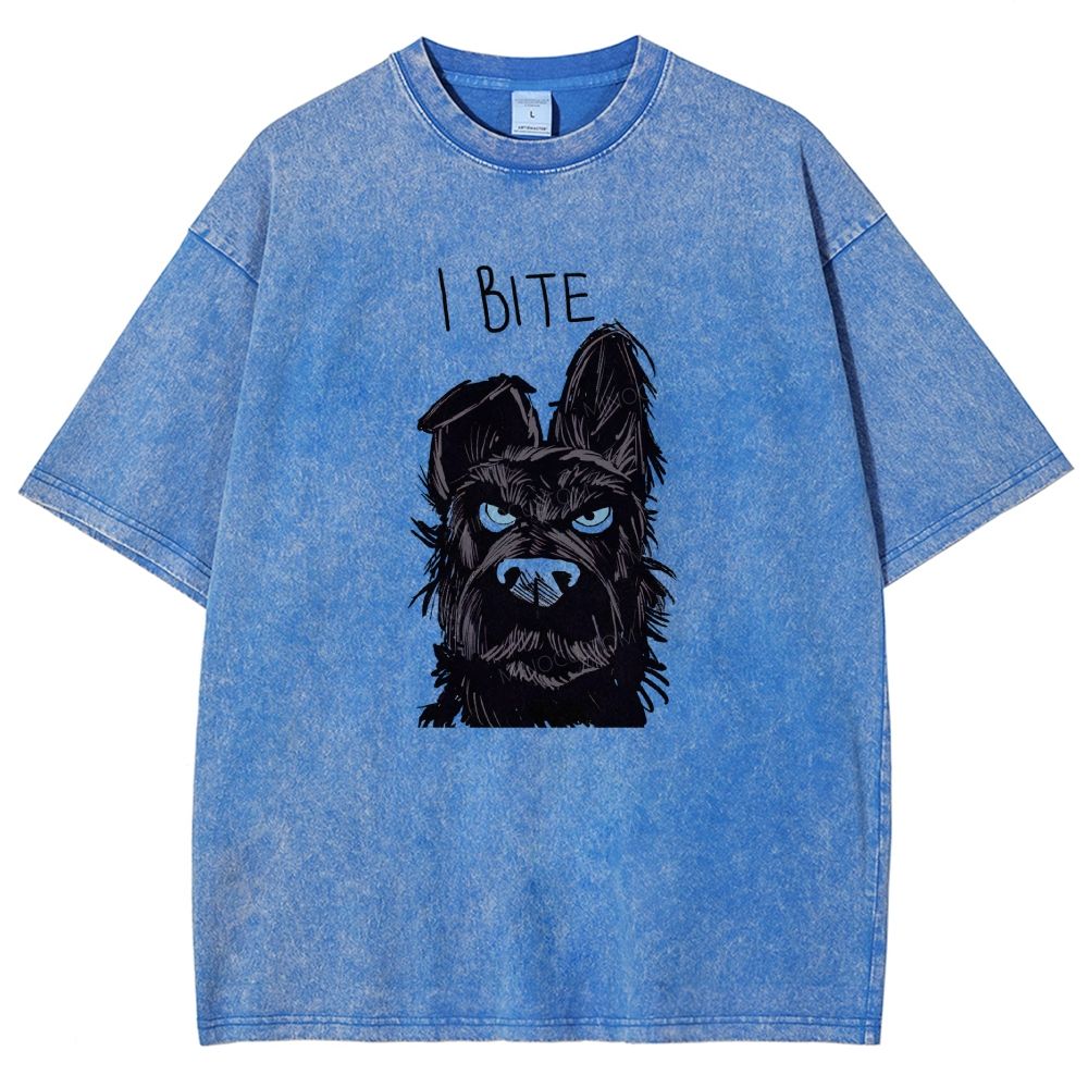 I BITE Grumpy Black Terrier Dog Hand Drawn Graphic Washed T-shirt