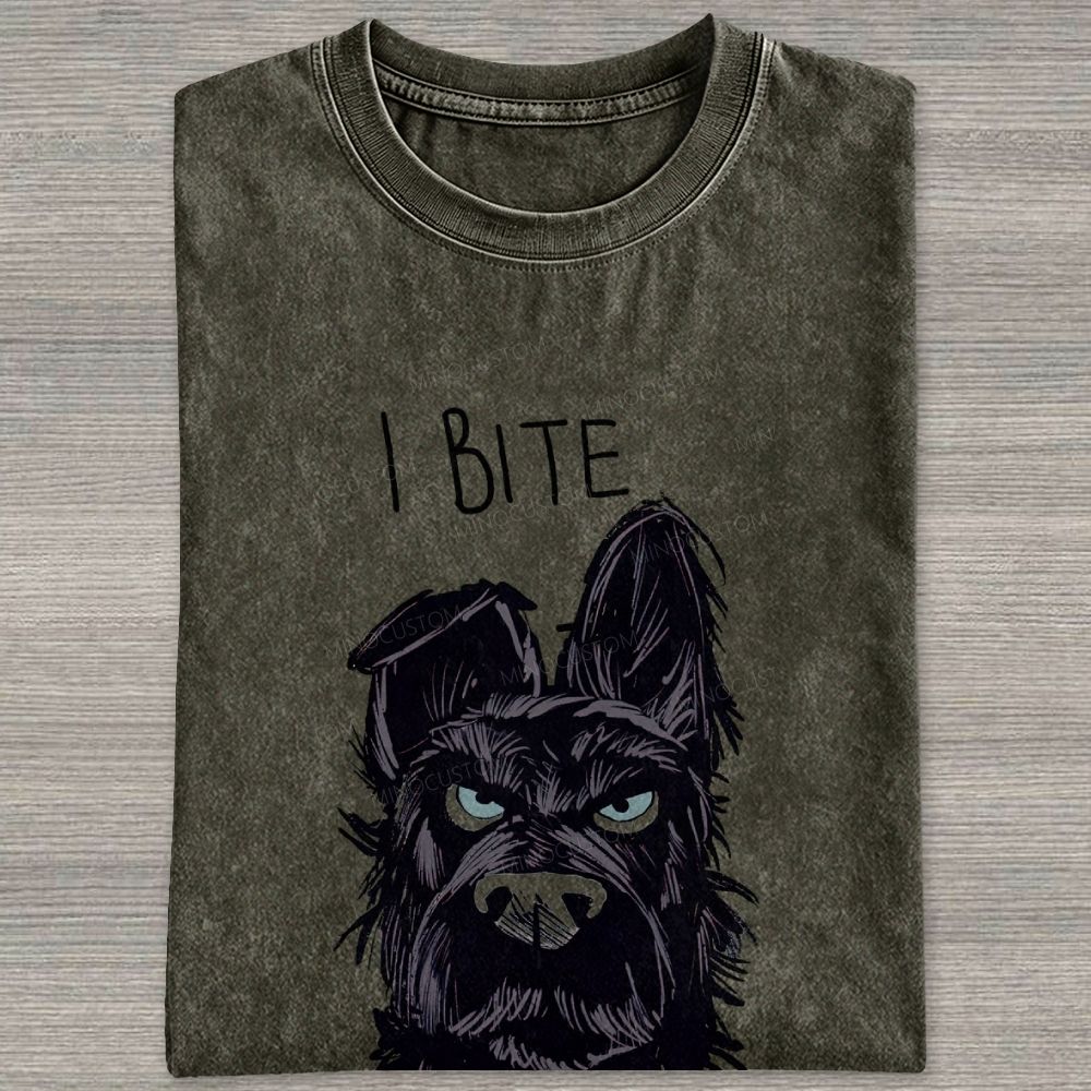 I BITE Grumpy Black Terrier Dog Hand Drawn Graphic Washed T-shirt